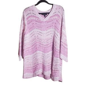 Lane Bryant Women's Pink Open Knit Sweater Chevron V Neck Scallop Hem Size 18/20